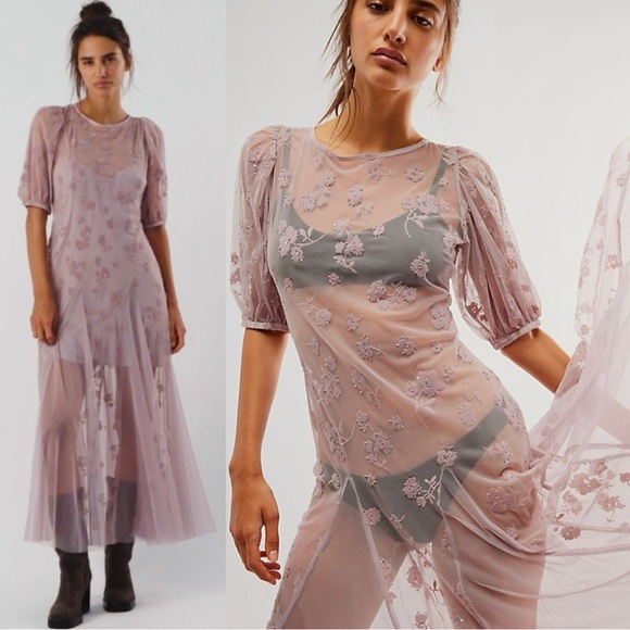 Free People Ethereal Fairy Princess Viola Midi Maxi Slip Dress Lavender Sheer XS - Picture 1 of 17